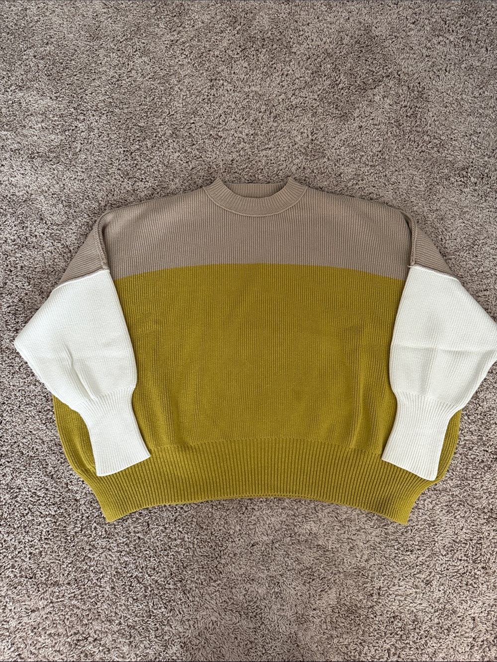 Free People Colorblock Crewneck Sweater in Olive, Taupe & Cream